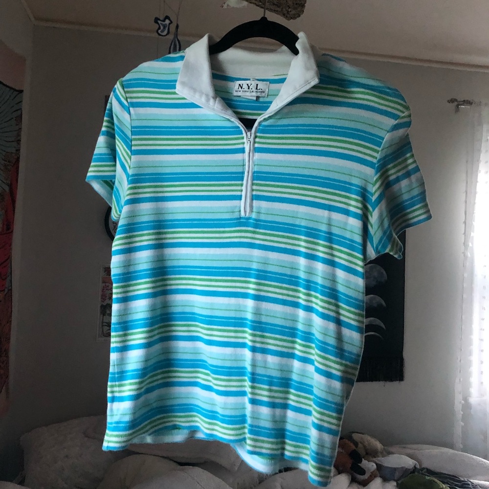 Vintage Top Blue and Green Striped Collared Top